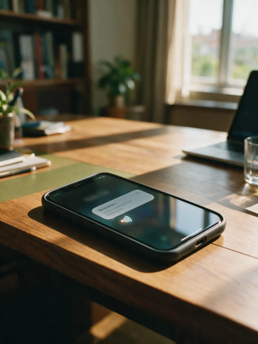 A smartphone on a desk showing a text notification confirming an appointment was booked automatically