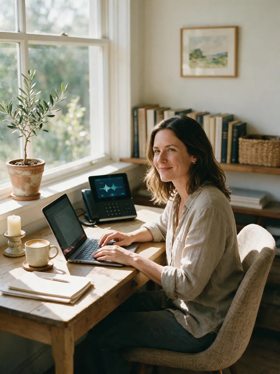 A business owner working calmly while her phone handles a call in the background, a waveform visible on its screen
