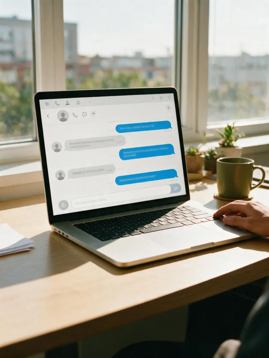 A softphone application on a laptop screen showing an SMS conversation thread