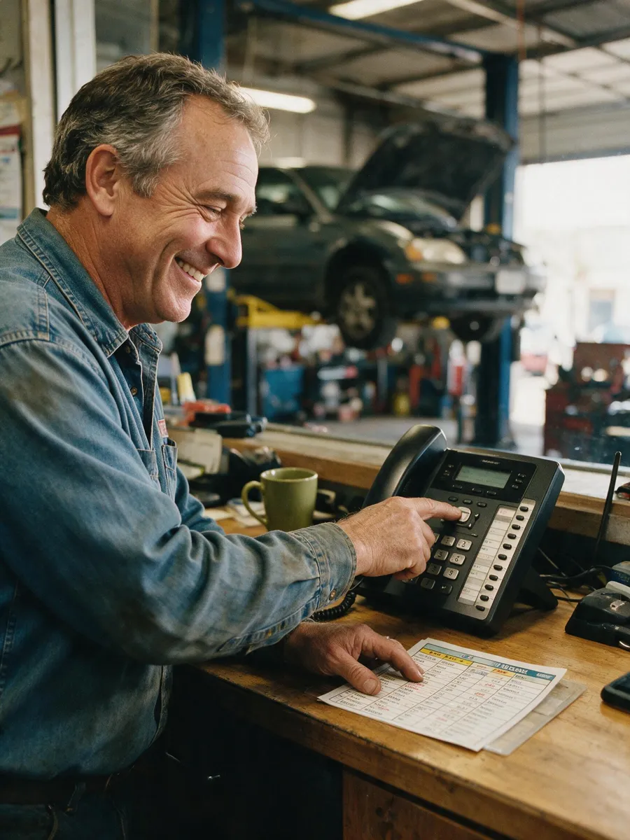 A dispatcher at an auto-repair shop resting a hand on a modern desk phone