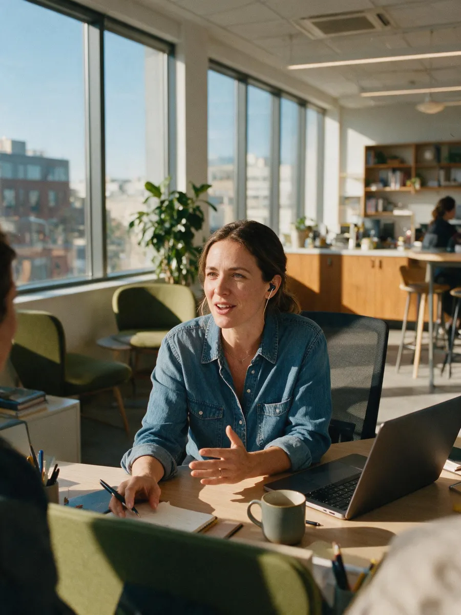 A business professional on a call at her desk in a modern office