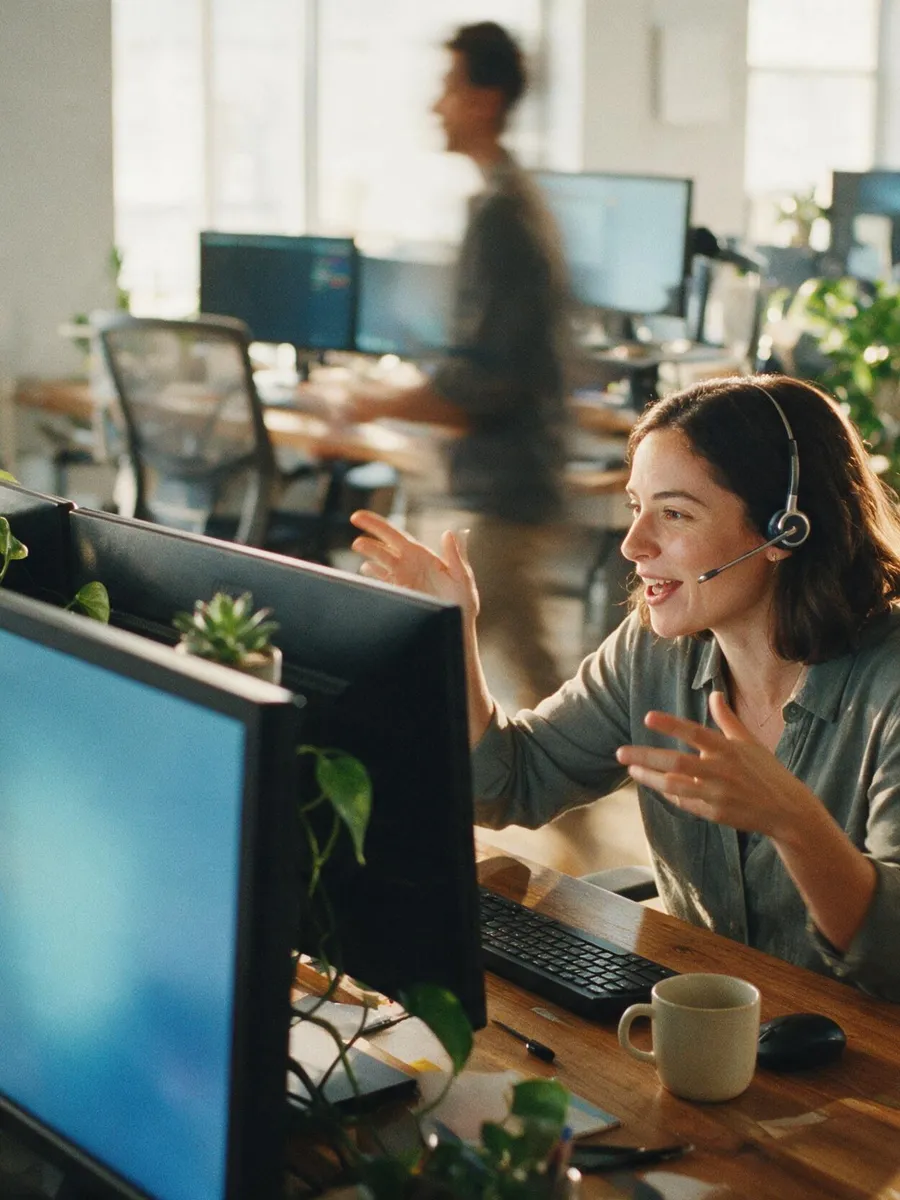 A female contact-center agent gesturing mid-conversation at her desk