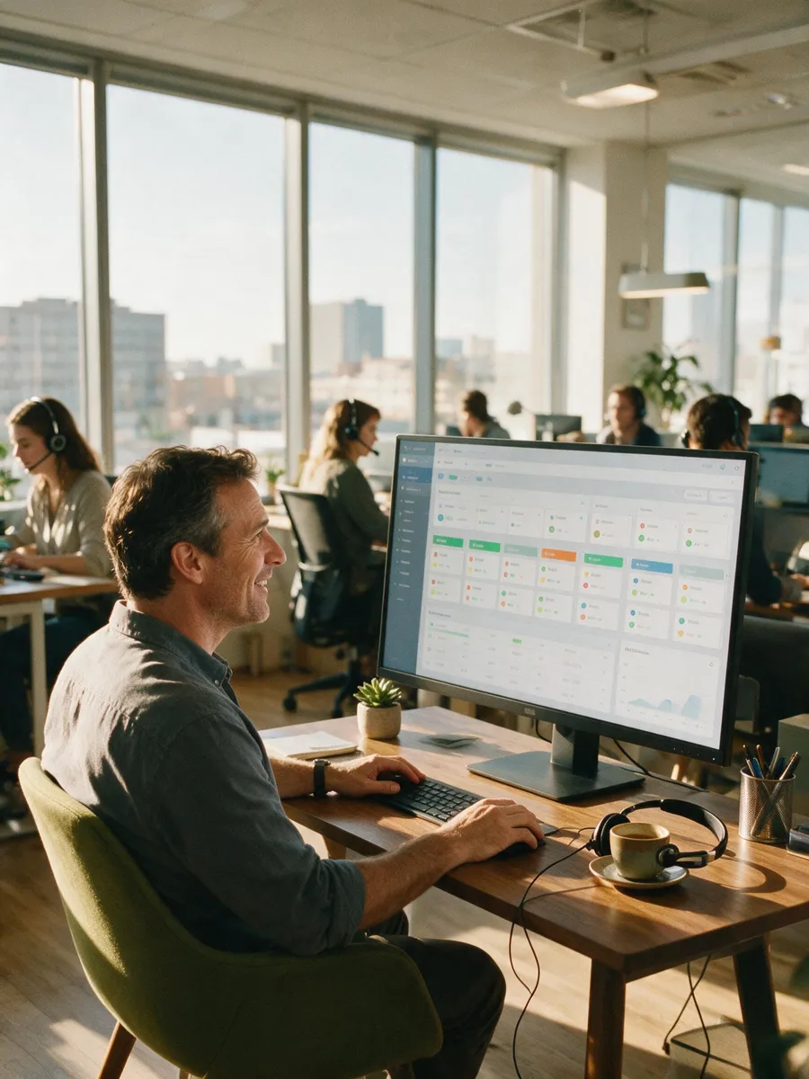 A supervisor reviewing a real-time dashboard of his team's call status