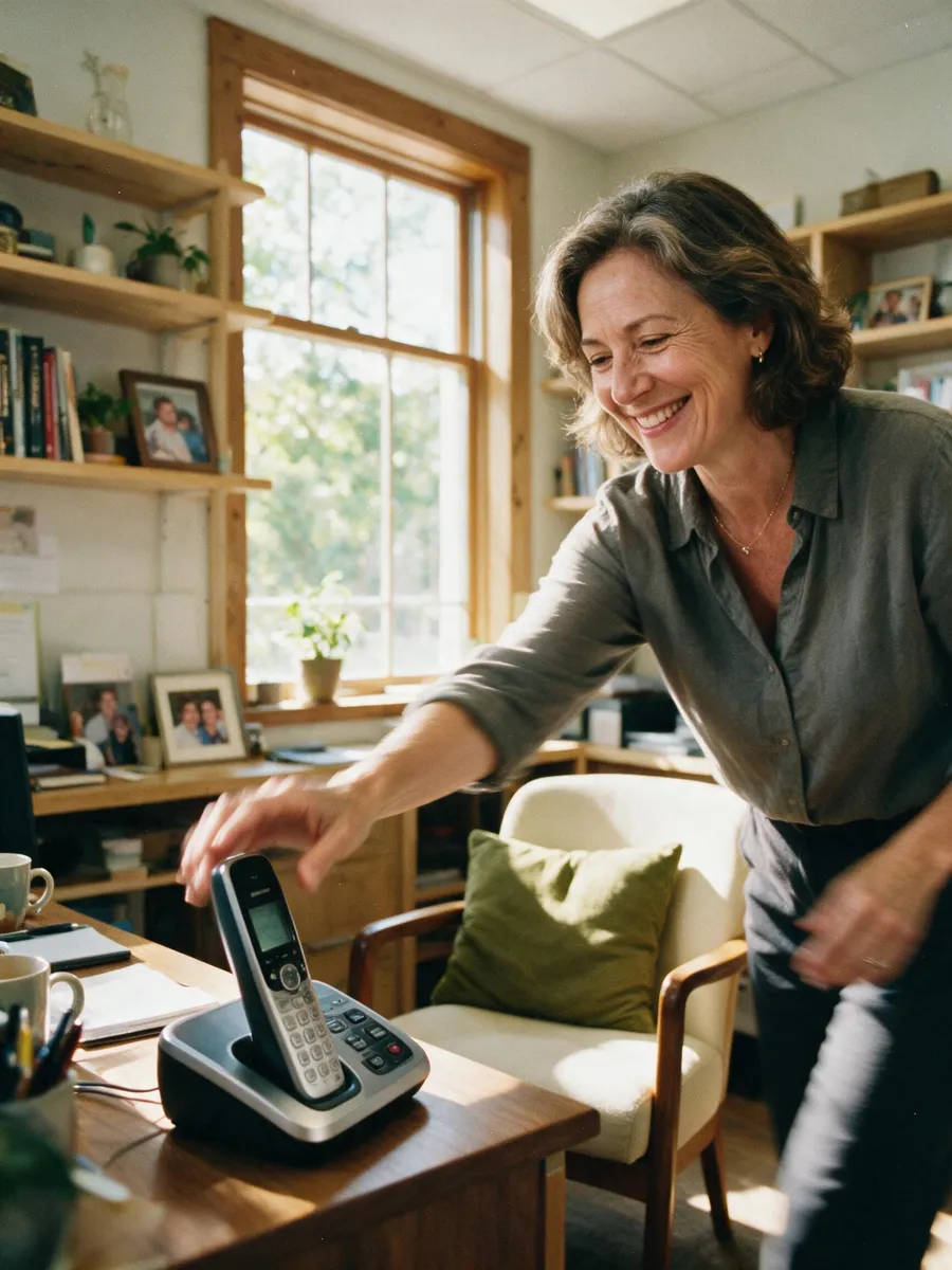 A small business owner reaching to answer a ringing phone with a warm smile