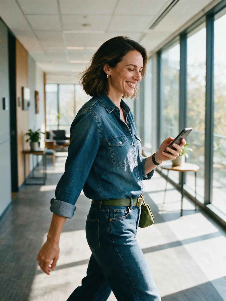 A colleague smiling at her phone while walking through the office