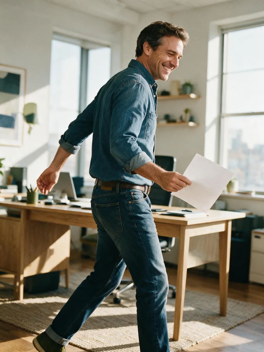 A small business owner walking away from his desk with a printed quote