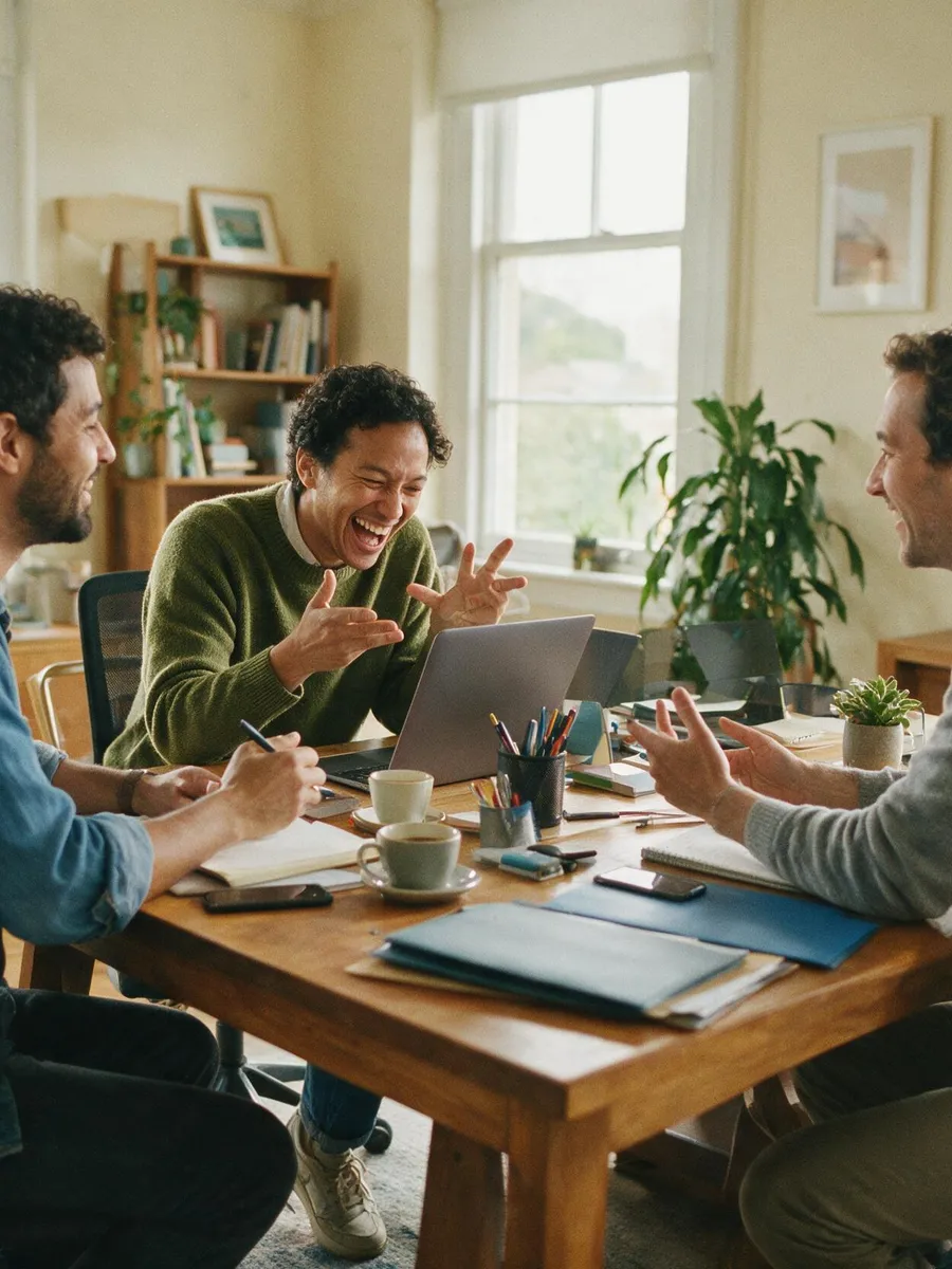 A small team of colleagues talking through pricing together