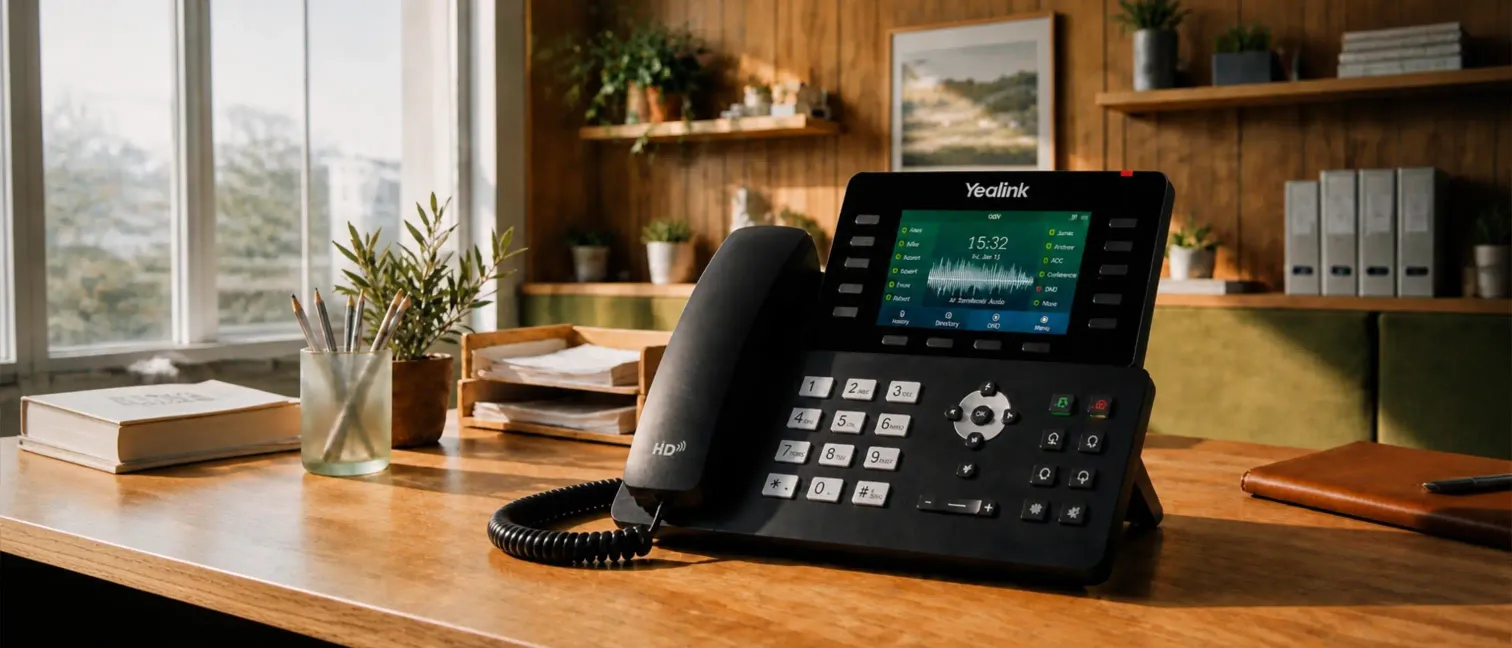 A modern business phone answering a call on its own, a waveform visible on its screen