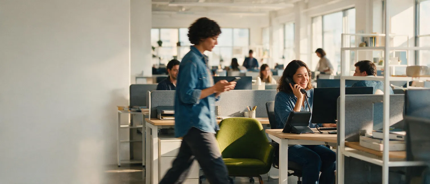 Xennect team using desk phones, mobile, and computers together in a modern office