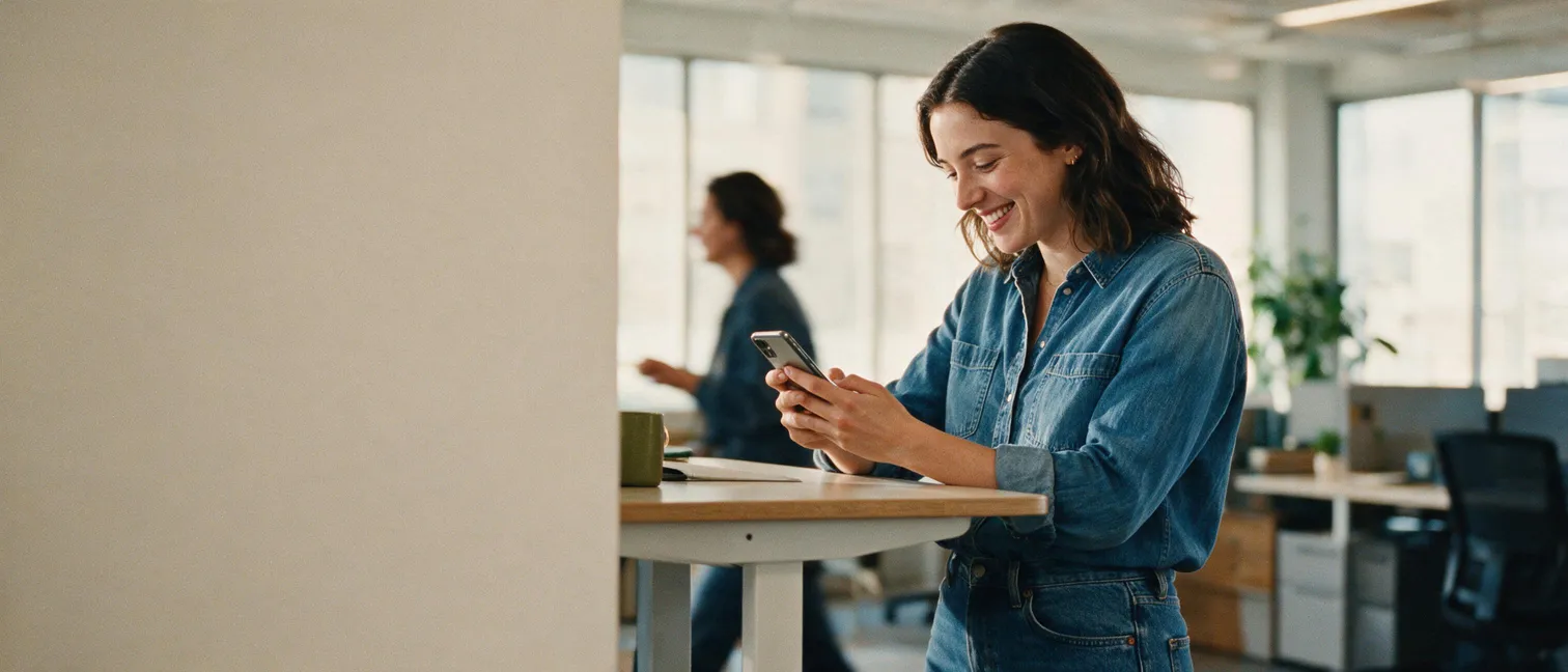A professional glancing at her phone mid-text in a modern office