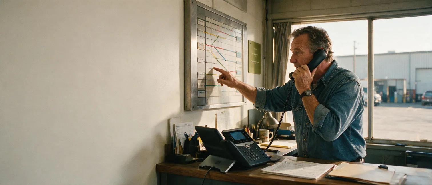 A dispatcher routing a call while pointing at a schedule board