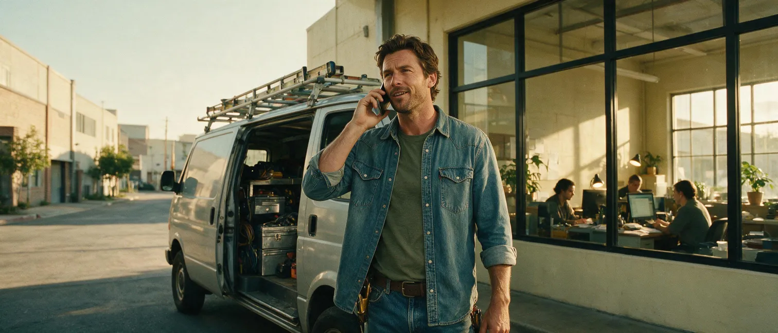 A field-service worker on a call by his van, with an office team visible in the background