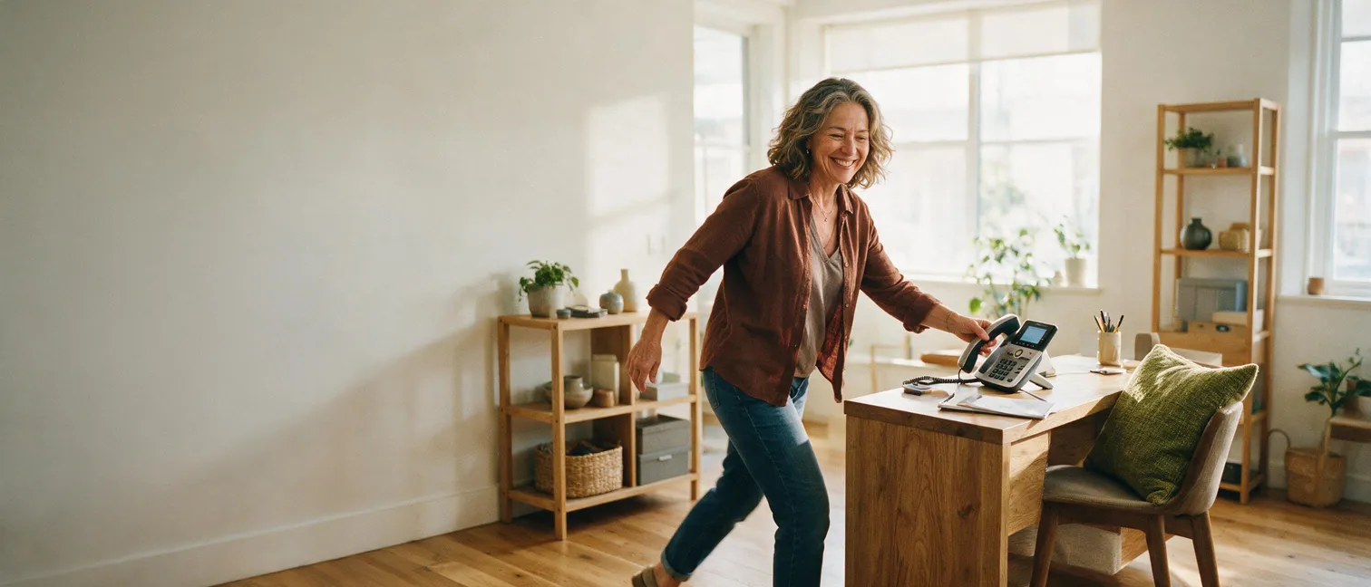 A small business owner reaching to pick up a ringing phone