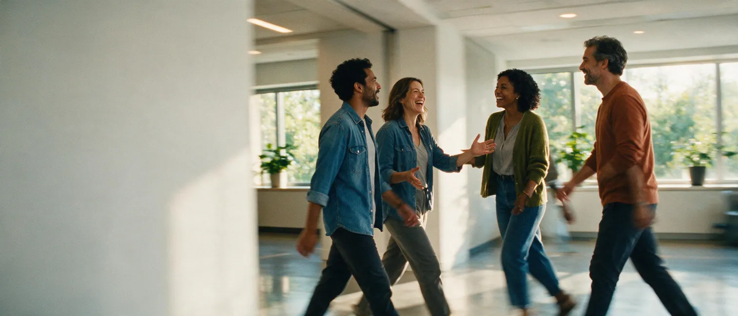 A diverse group of colleagues walking together through a modern office hallway